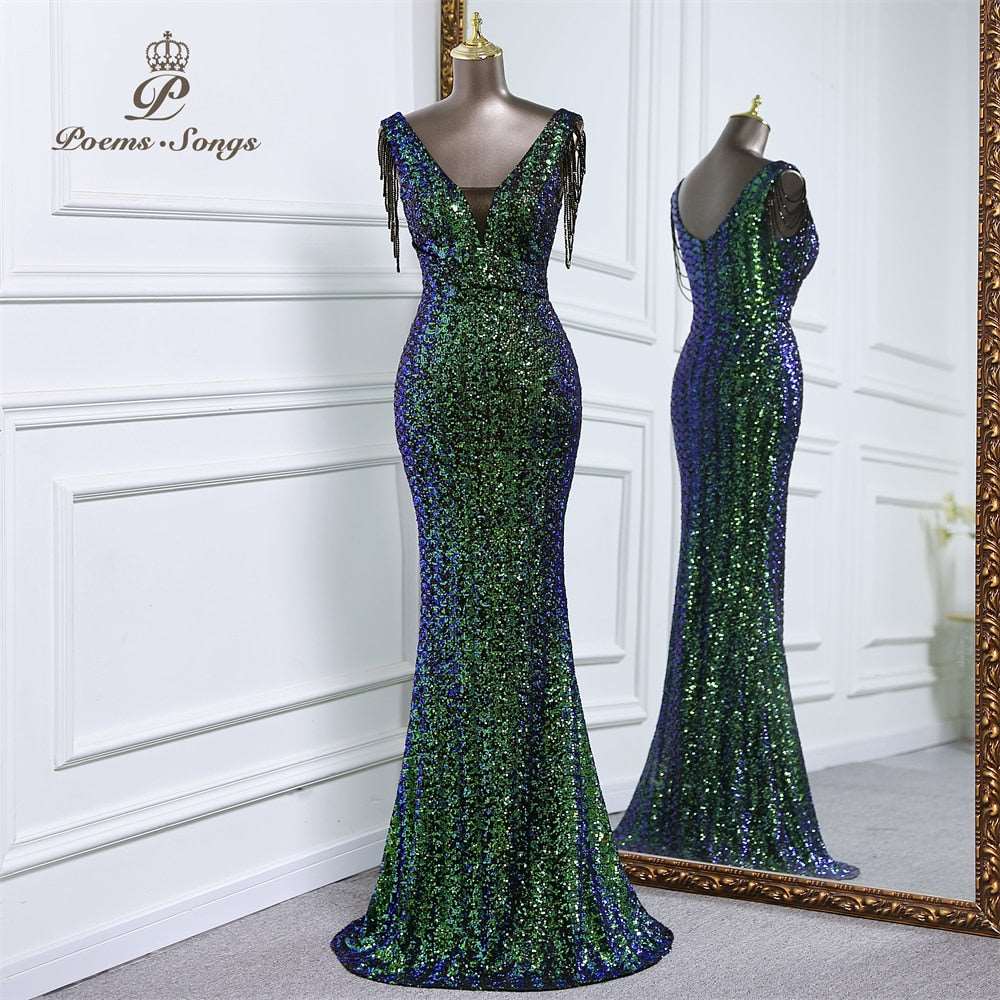 Abito da cerimonia a sirena senza maniche di lusso con paillettes - Bridetobe.it