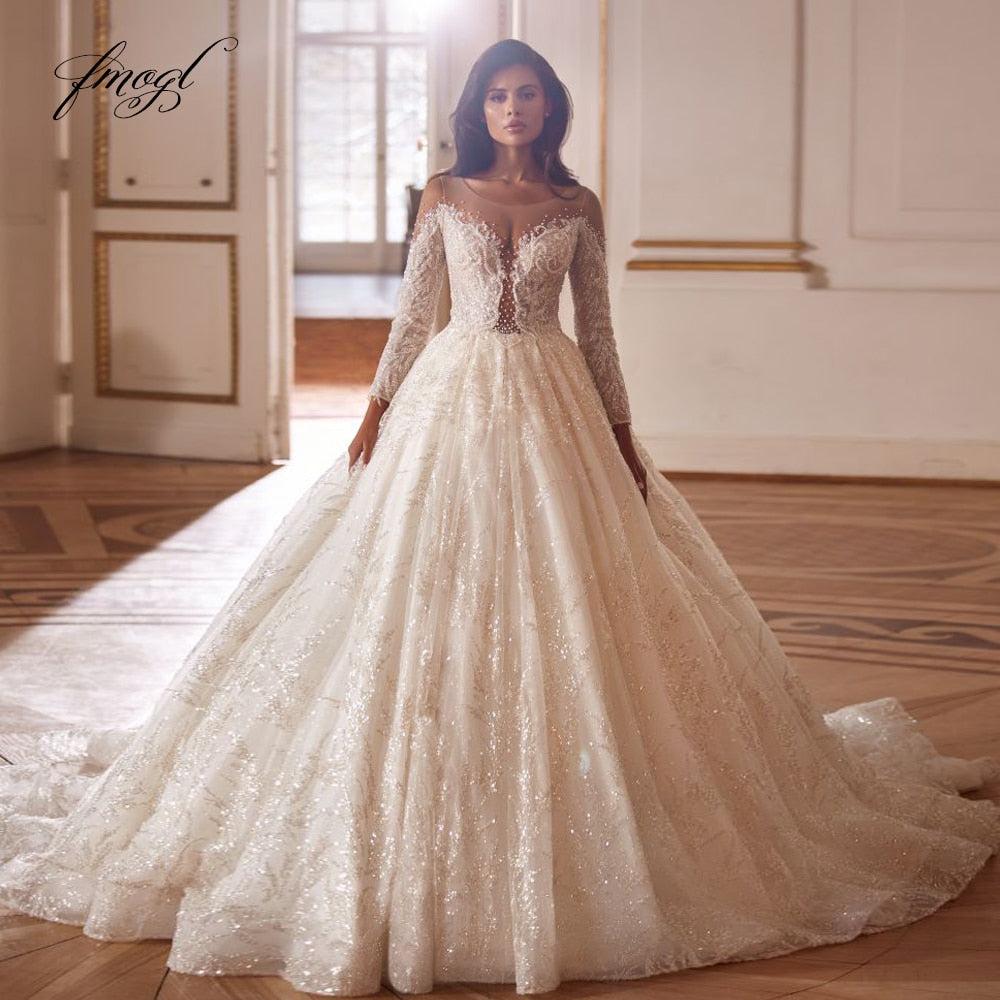 Esclusivo Abito da Sposa da Principessa 2024 Gonna da Ballo di Lusso con Maniche Lunghe e Ricami in Pizzo