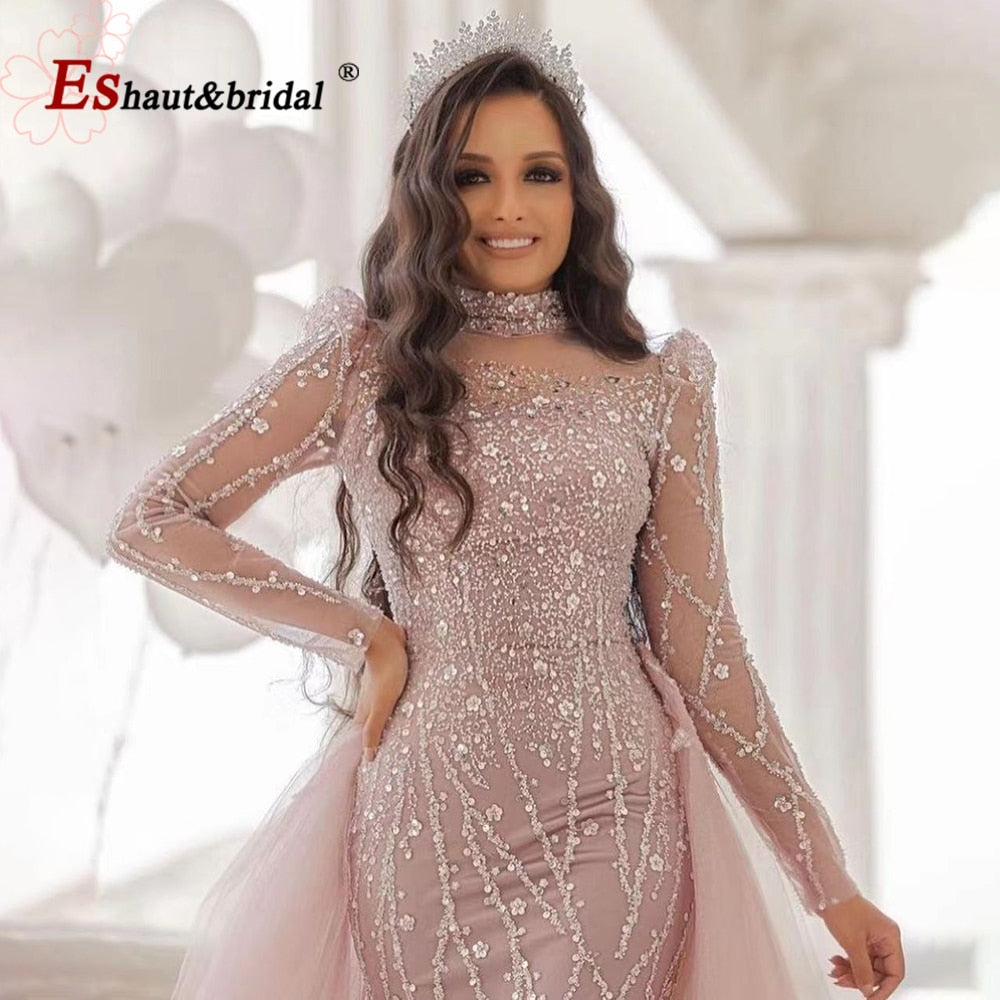 Elegante abito da sera a sirena rosa per donna 2023 maniche lunghe collo alto perline paillettes abiti da cerimonia per ballo di fine anno - Bridetobe.it