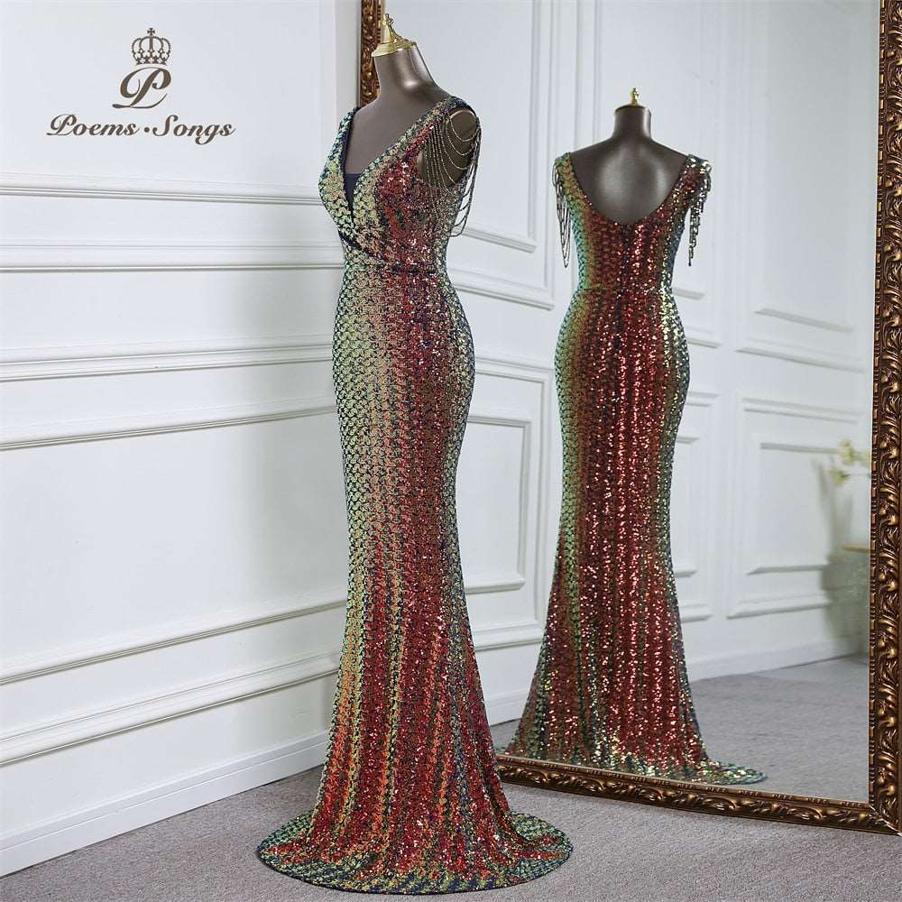 Abito da cerimonia a sirena senza maniche di lusso con paillettes - Bridetobe.it