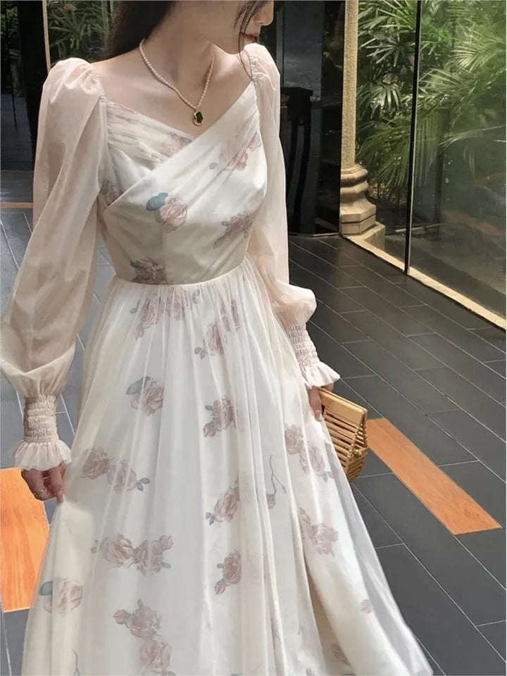 Abito da damigella d'onore midi a maniche lunghe vintage in rete da donna Abiti da fata lunghi con scollo a V coreano casual Abiti da donna eleganti per la festa - Bridetobe.it