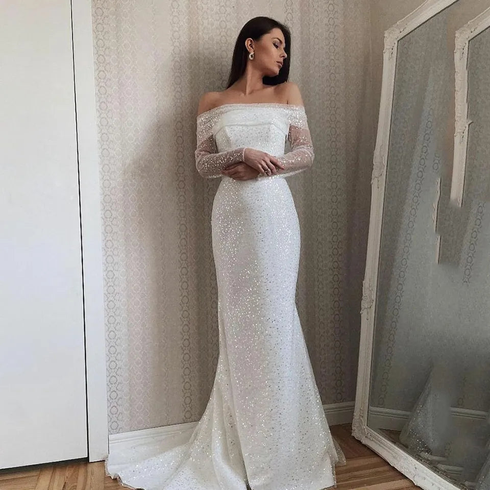 Abiti da sposa aderenti in Boemia con maniche lunghe lucide senza spalline eleganti a sirena senza spalline - Bridetobe.it