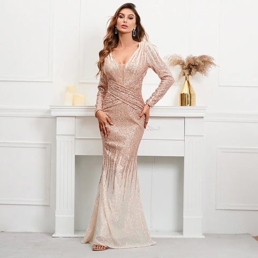 Elegant V-neckline, long sleeves and sequins formal dress