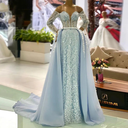 Elegante abito da sera per donne 2023 con spalle scoperte maniche lunghe a sirena con abiti da ballo staccabili con strascico - Bridetobe.it