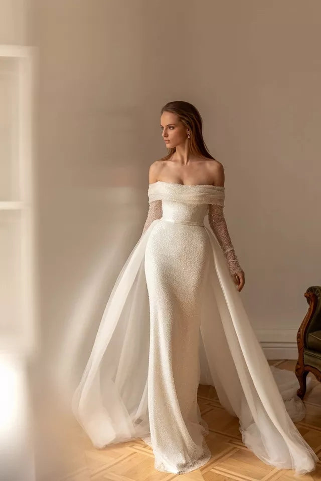 Abiti da sposa aderenti in Boemia con maniche lunghe lucide senza spalline eleganti a sirena senza spalline - Bridetobe.it