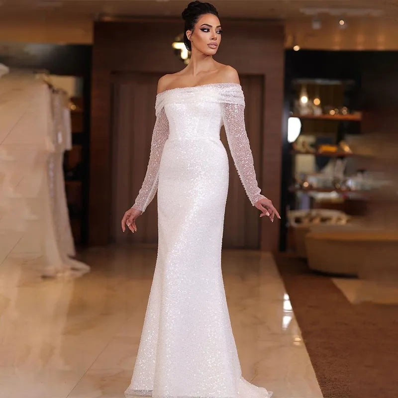 Abiti da sposa aderenti in Boemia con maniche lunghe lucide senza spalline eleganti a sirena senza spalline - Bridetobe.it