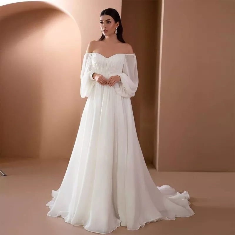 Abiti da sposa economici a maniche lunghe con spalle scoperte, lunghezza del pavimento bianco, abiti da cerimonia per matrimoni sexy femminili