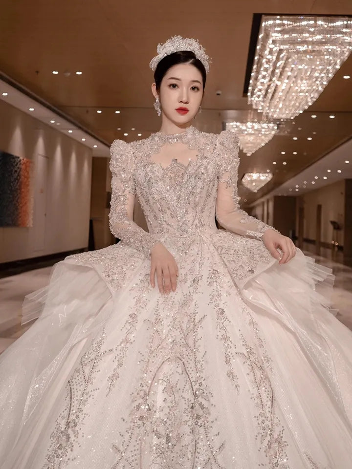 Abito da sposa di lusso con perline vintage e pizzo arabo con coda lunga e maniche lunghe applicate Floor length