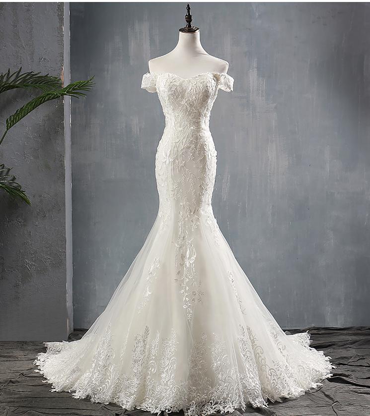 Vestito da Sposa Scollo Barchetta con Spalle Scoperte 2023 - Vestito da Sposa con Coda a Sirena, Applicazioni di Lusso