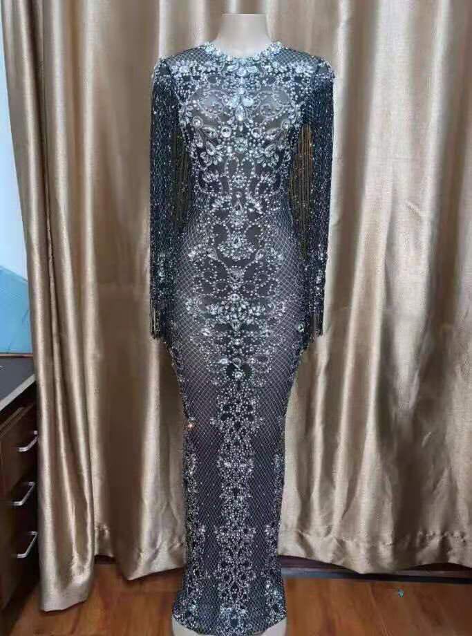 Abito da sera Maglia trasparente con cristalli scintillanti Abiti lunghi con strass per feste Abiti da celebrità in costume da compleanno - Bridetobe.it