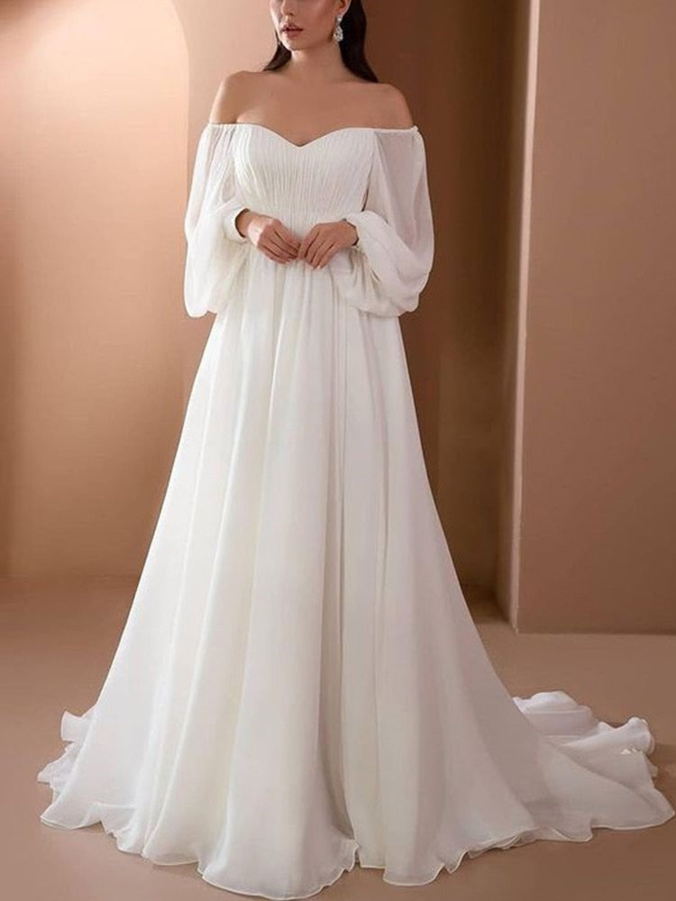 Abiti da sposa economici a maniche lunghe con spalle scoperte, lunghezza del pavimento bianco, abiti da cerimonia per matrimoni sexy femminili - Bridetobe.it