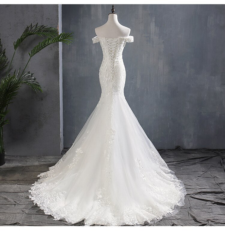 Vestito da Sposa Scollo Barchetta con Spalle Scoperte 2023 - Vestito da Sposa con Coda a Sirena, Applicazioni di Lusso