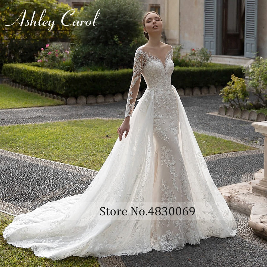 Abito da sposa a sirena sexy 2023 Staccabile con strascico 2 in 1 Abito da sposa romantico con applicazioni in pizzo a maniche lunghe Vestido Novia - Bridetobe.it