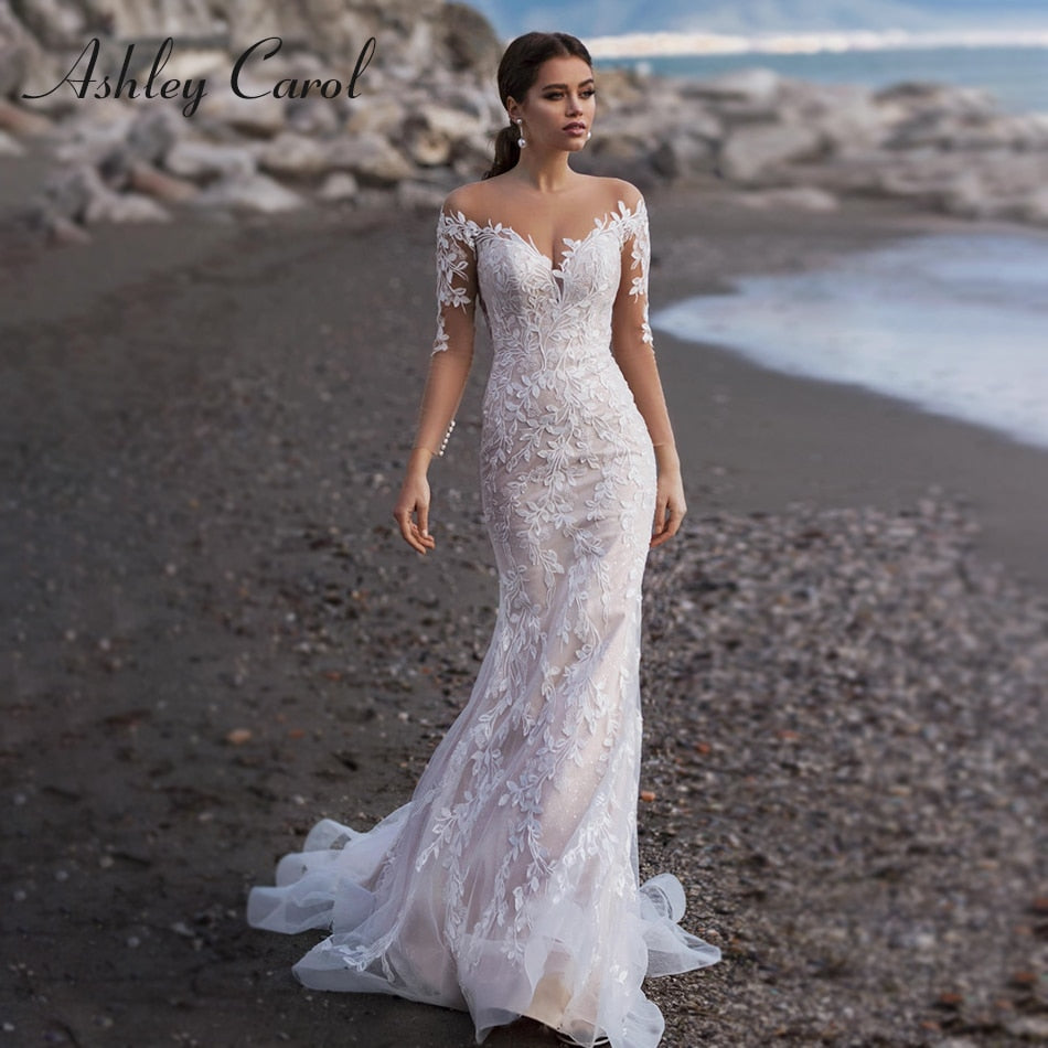 Abito da sposa a sirena 2023 Appliques senza schienale romantico Abito da sposa a maniche lunghe da spiaggia con scollo a cuore Vestidos De Novia - Bridetobe.it