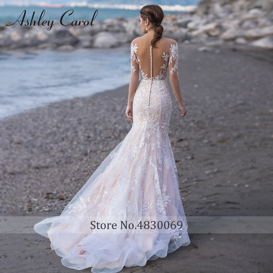 Abito da sposa a sirena 2023 Appliques senza schienale romantico Abito da sposa a maniche lunghe da spiaggia con scollo a cuore Vestidos De Novia - Bridetobe.it