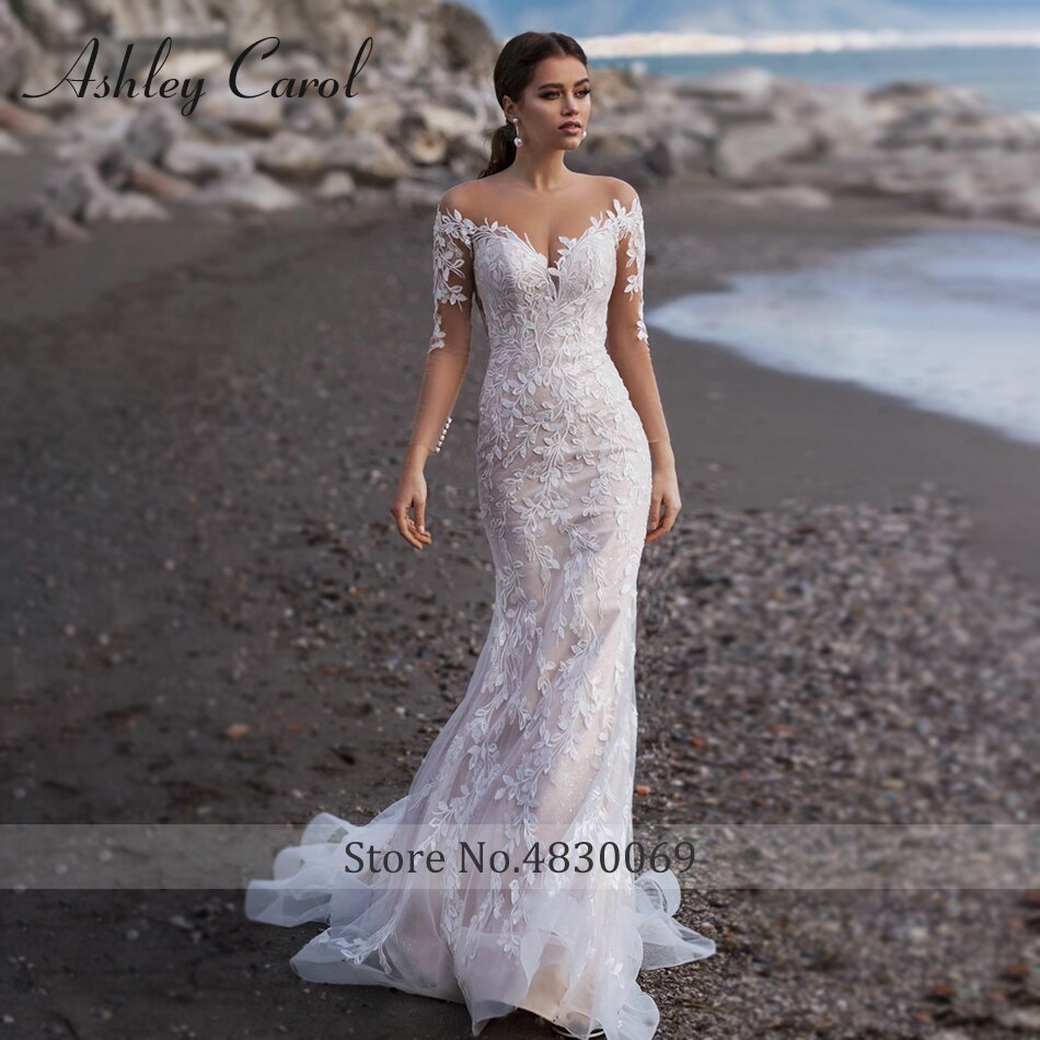 Abito da sposa a sirena 2023 Appliques senza schienale romantico Abito da sposa a maniche lunghe da spiaggia con scollo a cuore Vestidos De Novia - Bridetobe.it