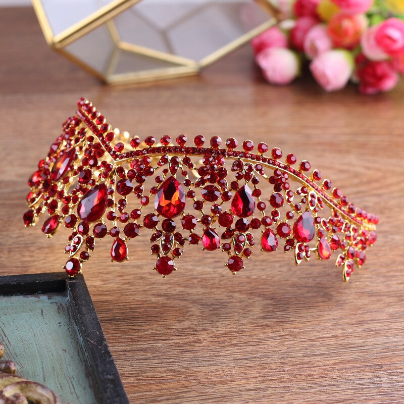 1 Set di accessori da sposa, corona rossa con strass, con collana e orecchini, set di 4 pezzi di gioielli da sposa per abo da sposa e abo da sera, perfetto per