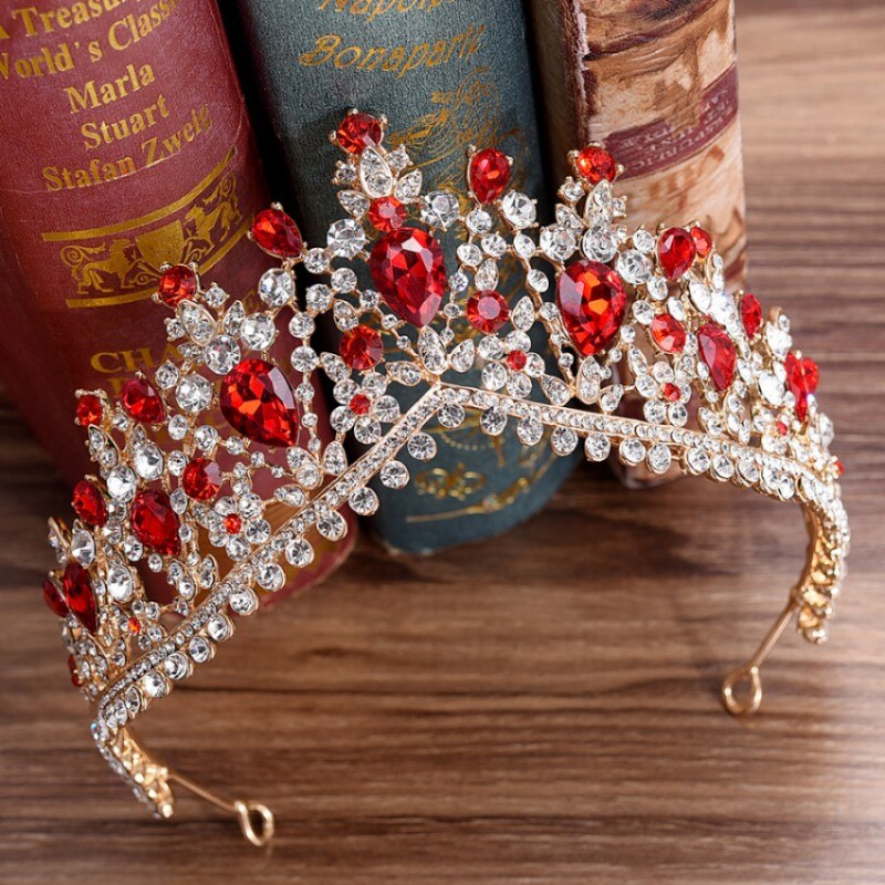 Diademi nuziali di strass rossi color oro di lusso corona diadema di cristallo barocco vintage per fasce da sposa accessori per capelli da sposa - Bridetobe.it