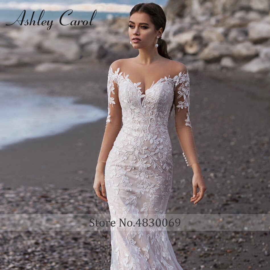 Abito da sposa a sirena 2023 Appliques senza schienale romantico Abito da sposa a maniche lunghe da spiaggia con scollo a cuore Vestidos De Novia - Bridetobe.it