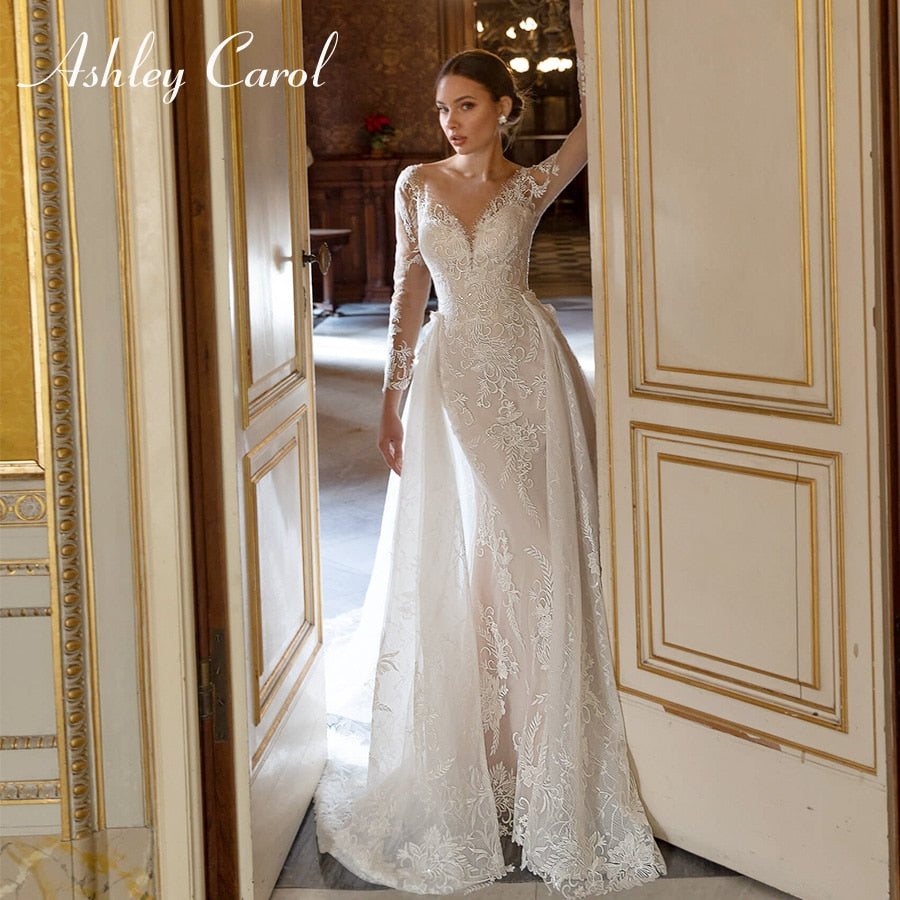 Abito da sposa a sirena sexy 2023 Staccabile con strascico 2 in 1 Abito da sposa romantico con applicazioni in pizzo a maniche lunghe Vestido Novia - Bridetobe.it