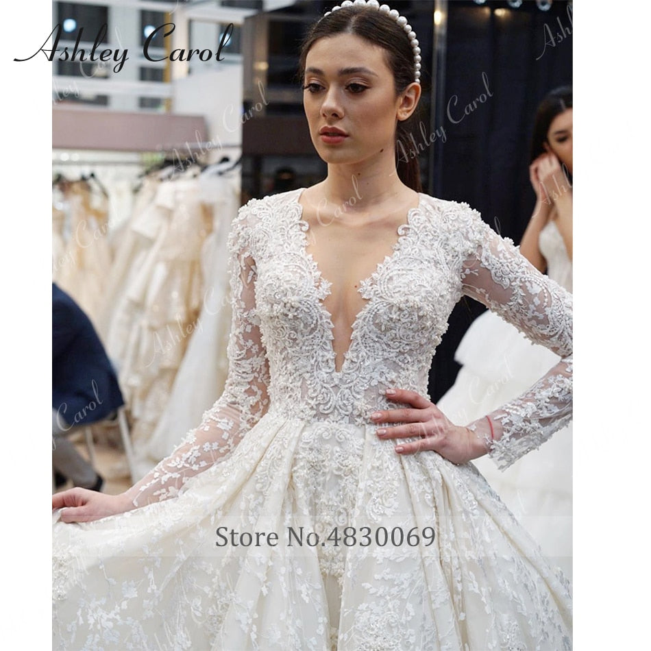 Abiti da sposa eleganti per le donne 2023 manica lunga in rilievo Appliques scollo a V abito da sposa principessa Abiti da sposa - Bridetobe.it