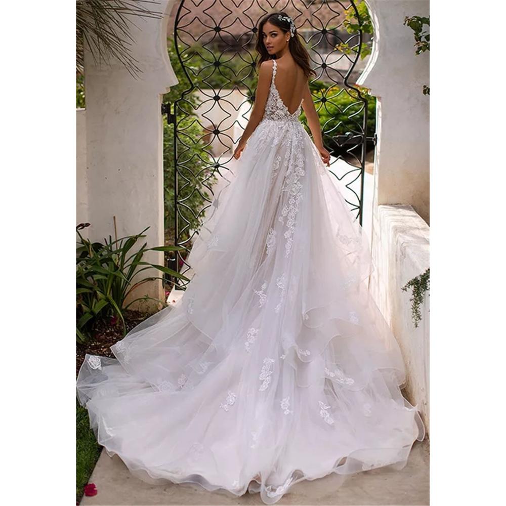 Abito da sposa lungo Boho A-Line senza schienale Fiori 3D Cinghie senza spalline Abiti da sposa Principessa Abiti da sposa lunghi fino al pavimento - Bridetobe.it