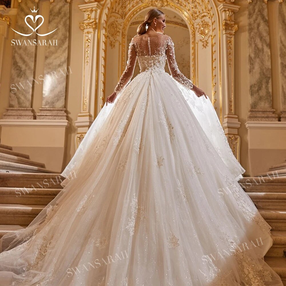 Abito da Sposa di Lusso 2023 con Perline, Maniche Lunghe, Pizzo e Appliques, Stile Principessa