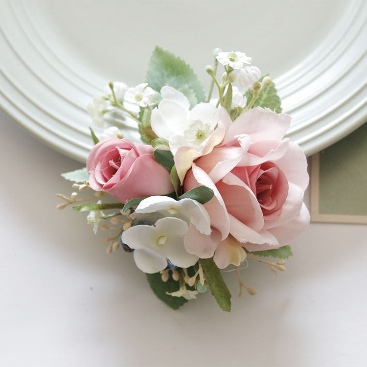 4 pezzi polso fiore corpetto damigella d'onore fiore fatto a mano seta artificiale rosa braccialetto fiori per la festa nuziale - Bridetobe.it