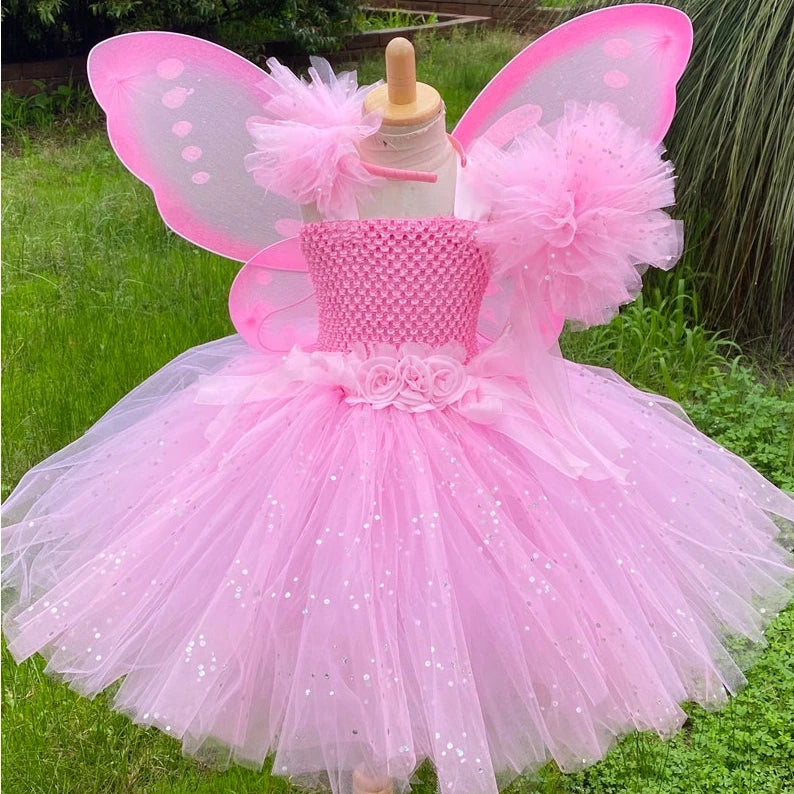 Vestito da Fata Rosa per Bambine: Abito con Tutu Glitterato, Fiori, Ali e Bacchetta - Costume Compleanno e Halloween