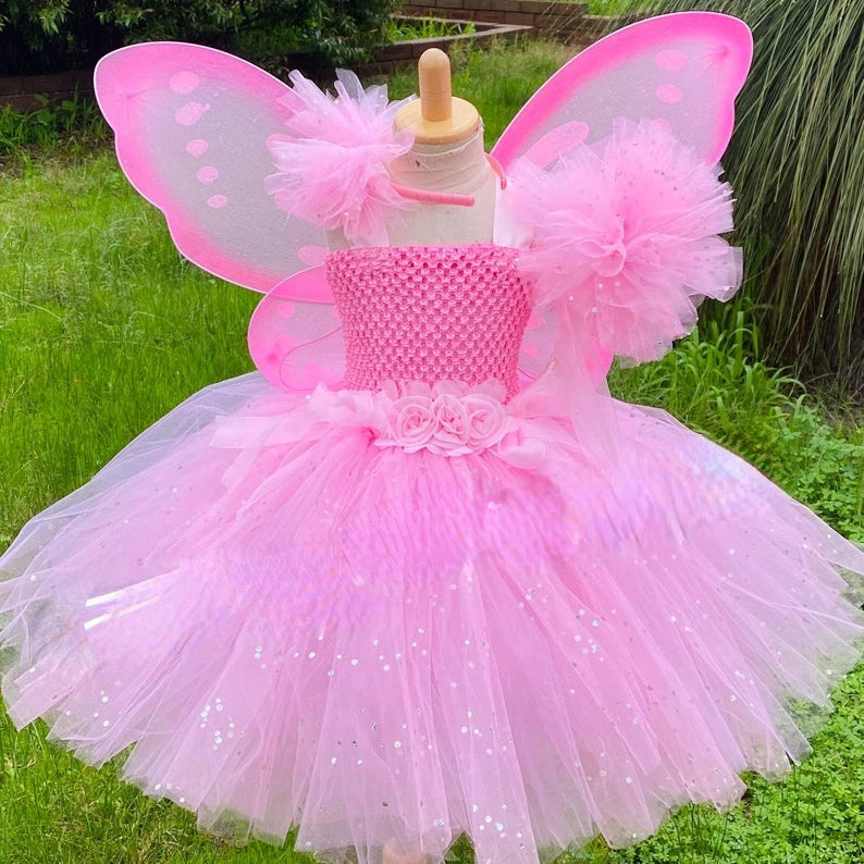 Vestito da Fata Rosa per Bambine: Abito con Tutu Glitterato, Fiori, Ali e Bacchetta - Costume Compleanno e Halloween