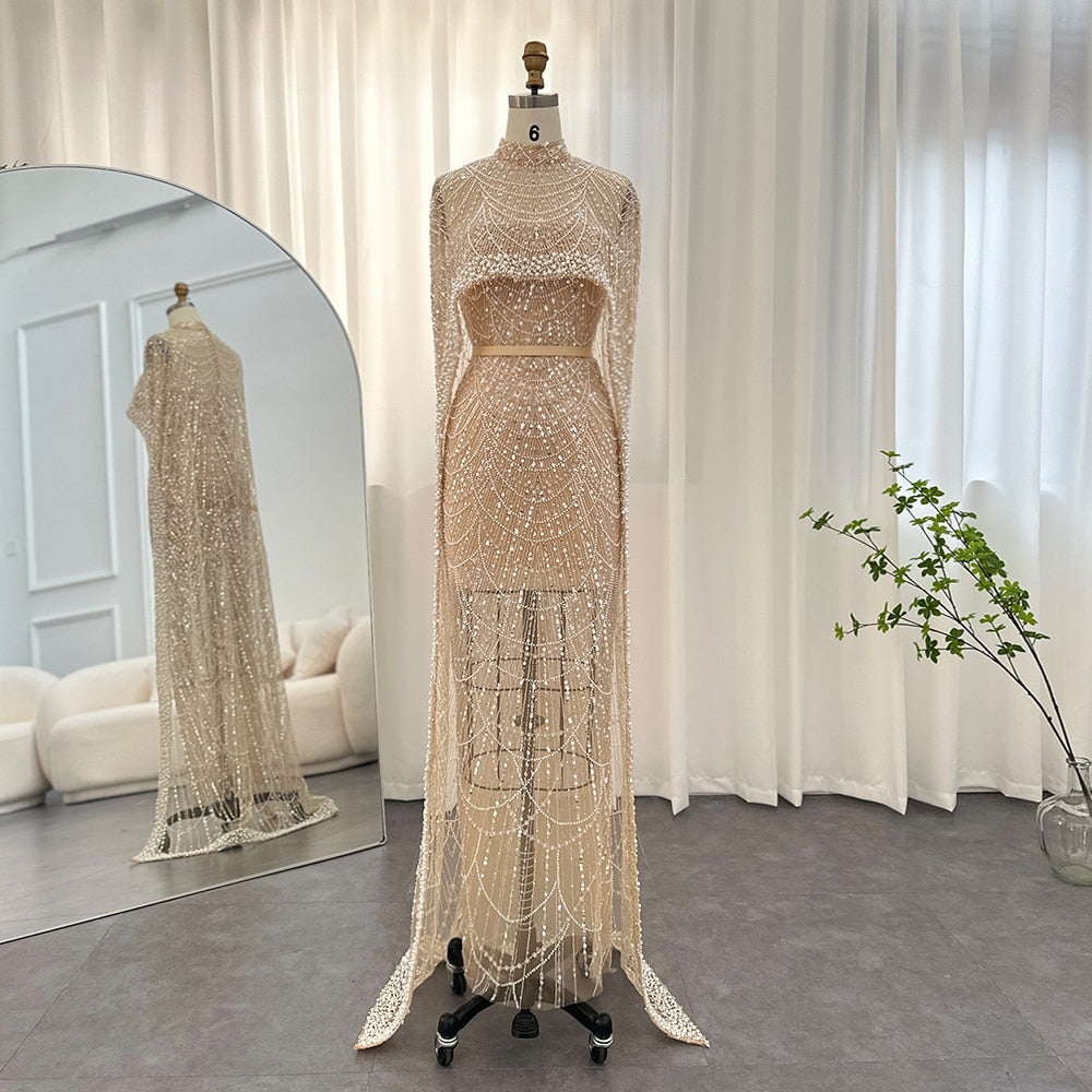 Gorgeous Dubai Luxury Pearl Champagne Evening Dresses with Cape - New Collection 2023 for Arabic Weddings and Women Gala Parties