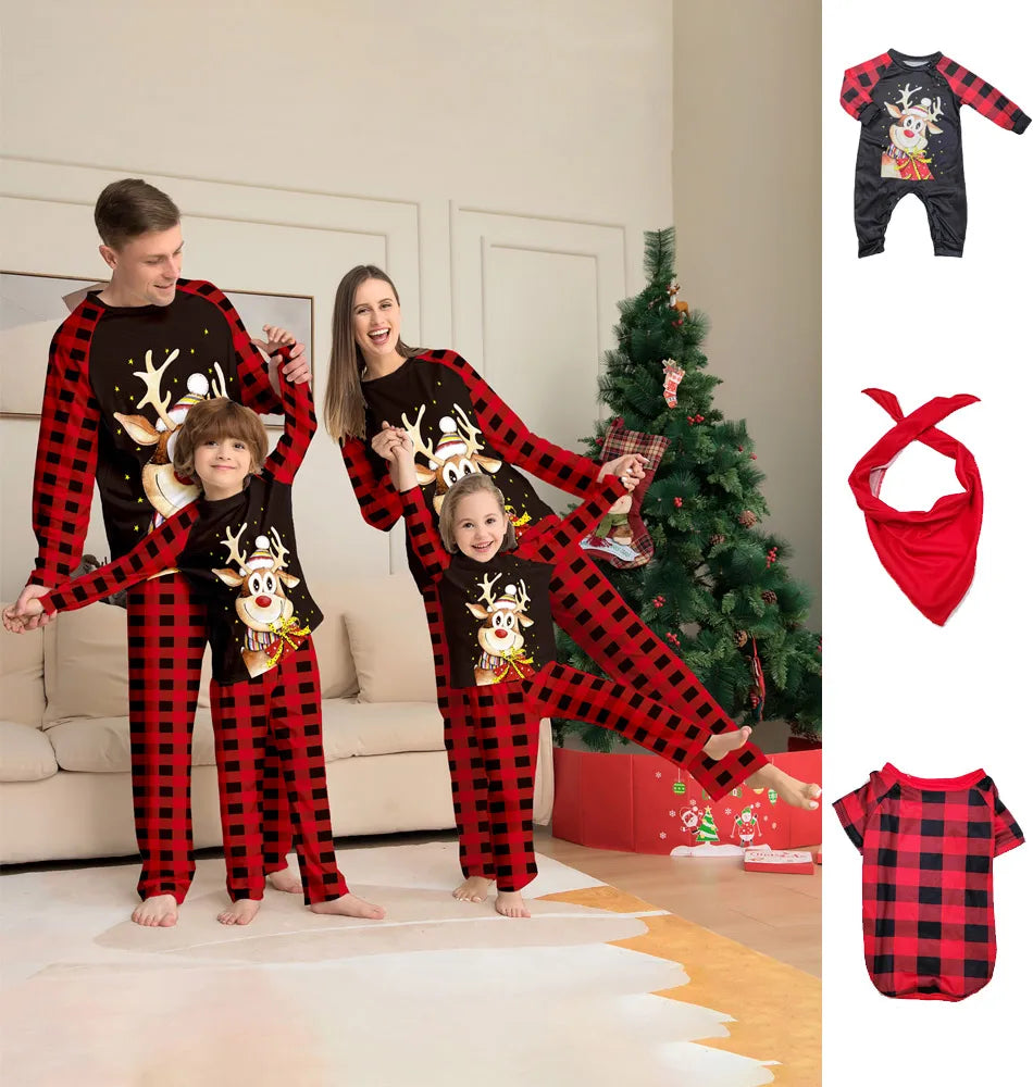 Pigiama Natalizio Coordinato per Famiglia – Stampa Babbo Natale, Elfo & Albero di Natale ecc | Set per Genitori, Bambini e Animali Domestici | Maglia e Pantaloni Scozzesi