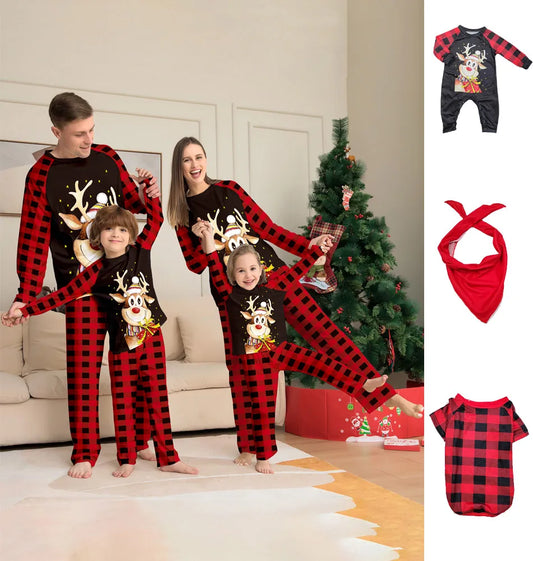 Pigiama Natalizio Coordinato per Famiglia – Stampa Babbo Natale, Elfo & Albero di Natale ecc | Set per Genitori, Bambini e Animali Domestici | Maglia e Pantaloni Scozzesi