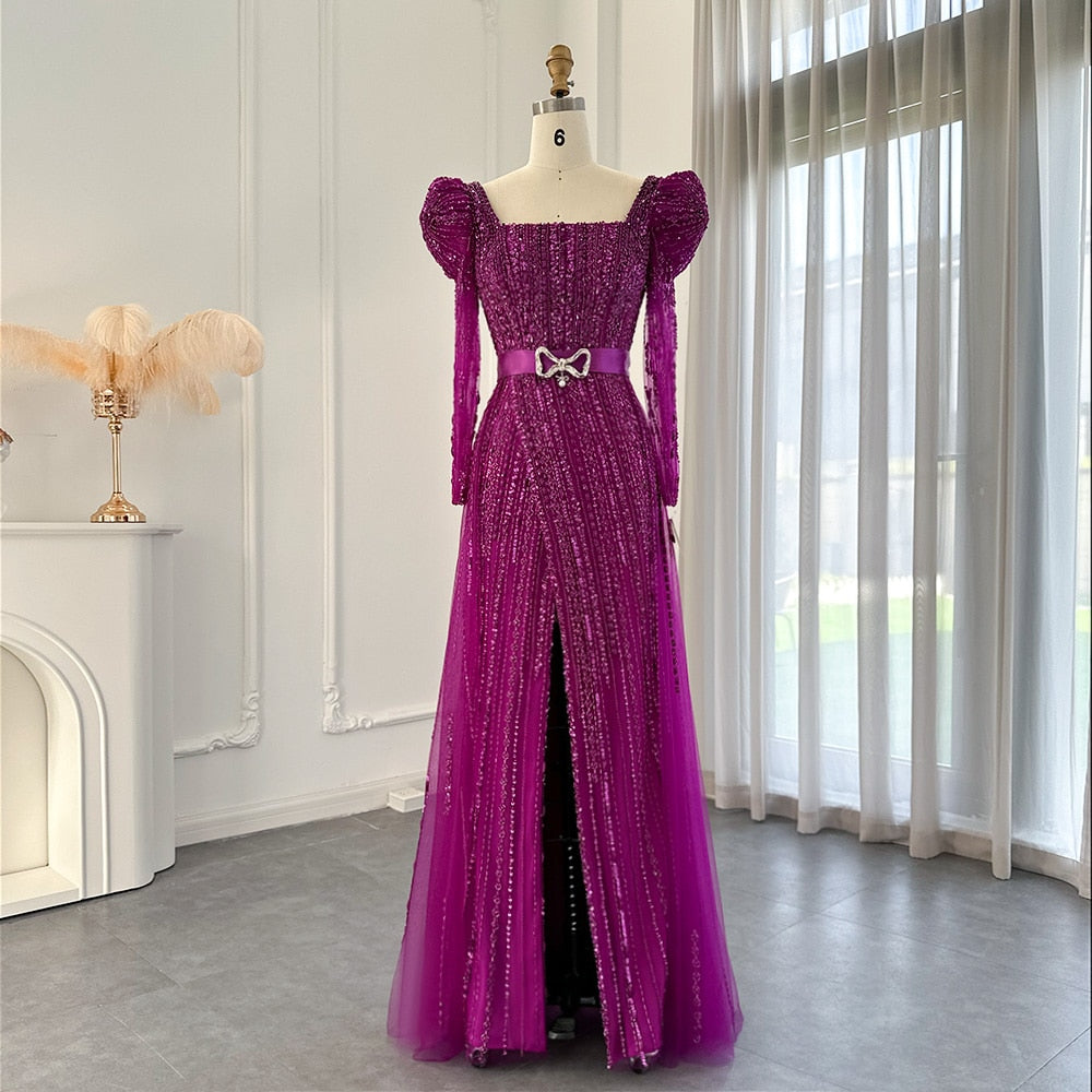 Luxury Dubai Fuchsia Evening Dress for Women Elegant Long Sleeve Overlay Arabic Formal Wedding Party Gown