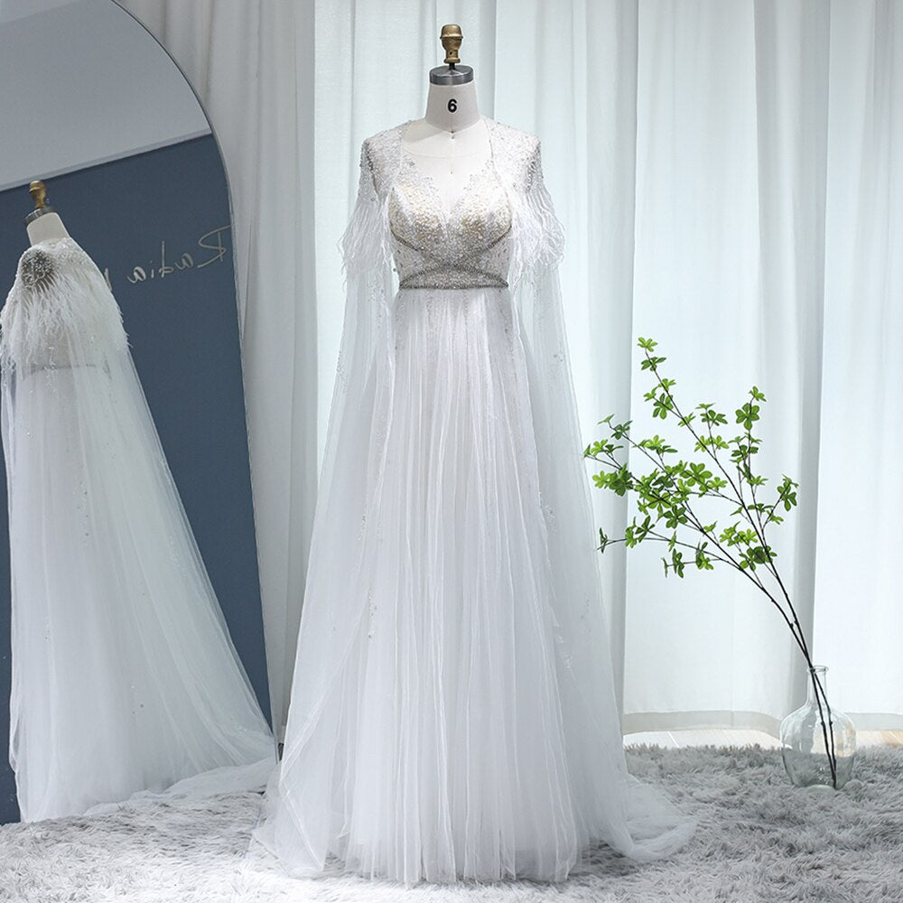 Abito da Sera di Lusso Dubai Grigio Argento con Mantello di Piume - Vestito da Sposa Arabo per Donna, Festa di Matrimonio o Serata di Gala