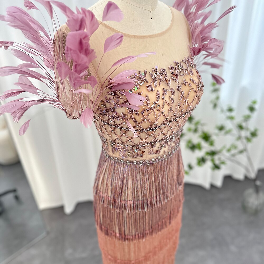 Elegant Dubai Lilac Evening Dresses with Feathers and Tassels for Women: Luxury Fashion for Weddings and Celebrity Parties