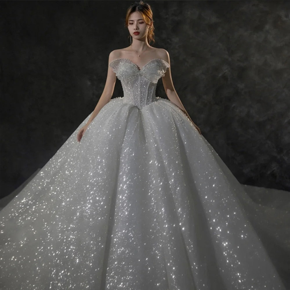 Abito da sposa Vestidos De Novia con perle a farfalla, scollo a cuore, schiena con lacci, super luminoso, con gonna svasata a cappella di 150 cm