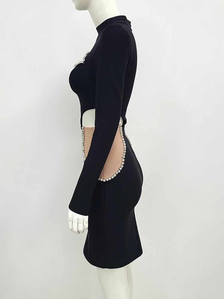 Women Summer Sexy Long Sleeve Key Hole Mesh Beading Crystal Diamonds Black Bandage Dress 2022 Elegant Evening Club Party Dress - Bridetobe.it