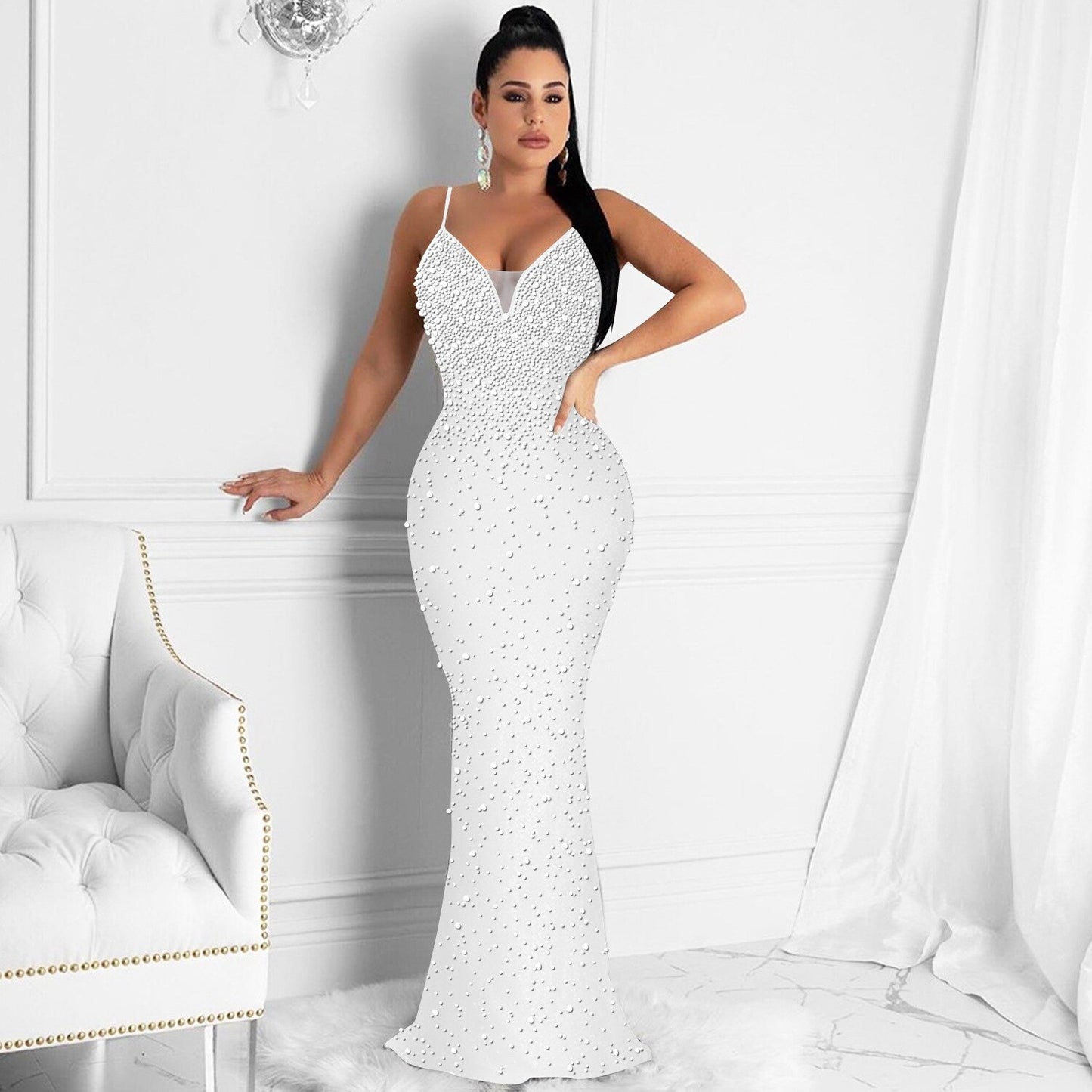 Bellissimo abito lungo con strass con perle aperte sul retro, abiti da festa in cristallo eleganti da donna estivi, abiti da compleanno - Bridetobe.it