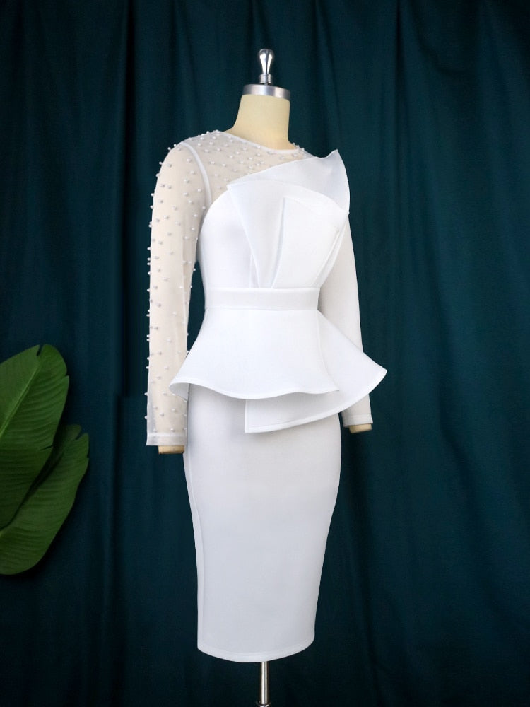 Abito da festa bianco da donna Sexy manica lunga con perline Patchwork peplo Elegante lunghezza al ginocchio ospite di nozze Evento Abiti da sera africani - Bridetobe.it