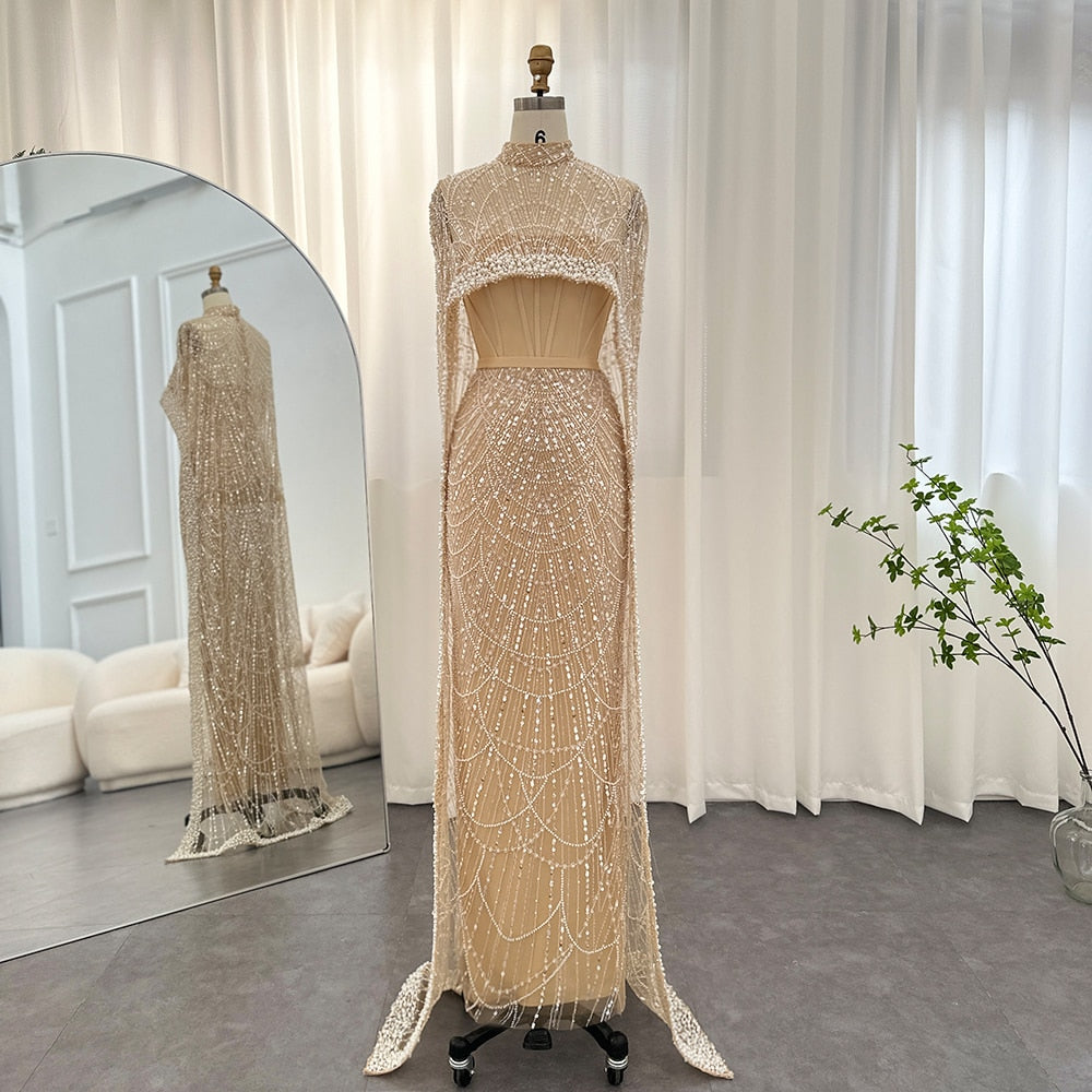 Gorgeous Dubai Luxury Pearl Champagne Evening Dresses with Cape - New Collection 2023 for Arabic Weddings and Women Gala Parties