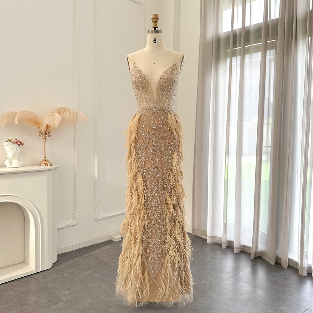 Luxury Champagne Feather Mermaid Evening Dress for Wedding 2023 - Spaghetti Strap Formal Prom Dress for Women