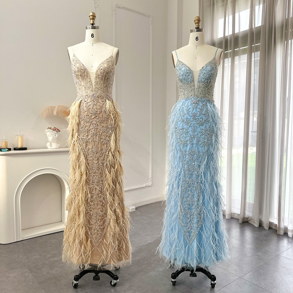 Luxury Champagne Feather Mermaid Evening Dress for Wedding 2023 - Spaghetti Strap Formal Prom Dress for Women