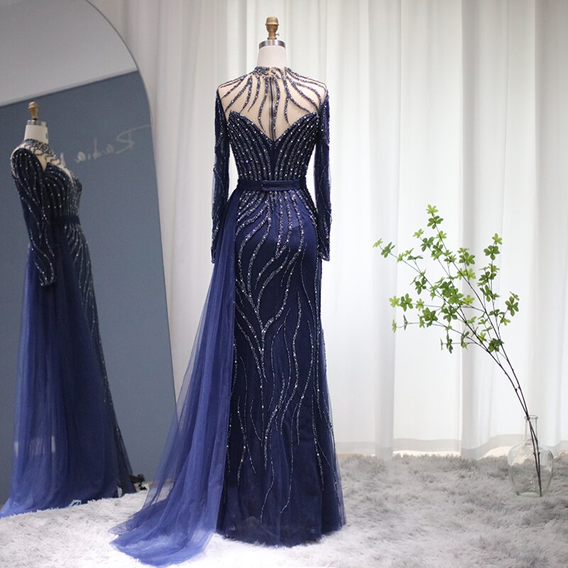 Abito da Sera di Lusso Blu Navy a Sirena con Gonna Staccabile: Eleganza Araba a Maniche Lunghe per Matrimoni e Eventi Speciali