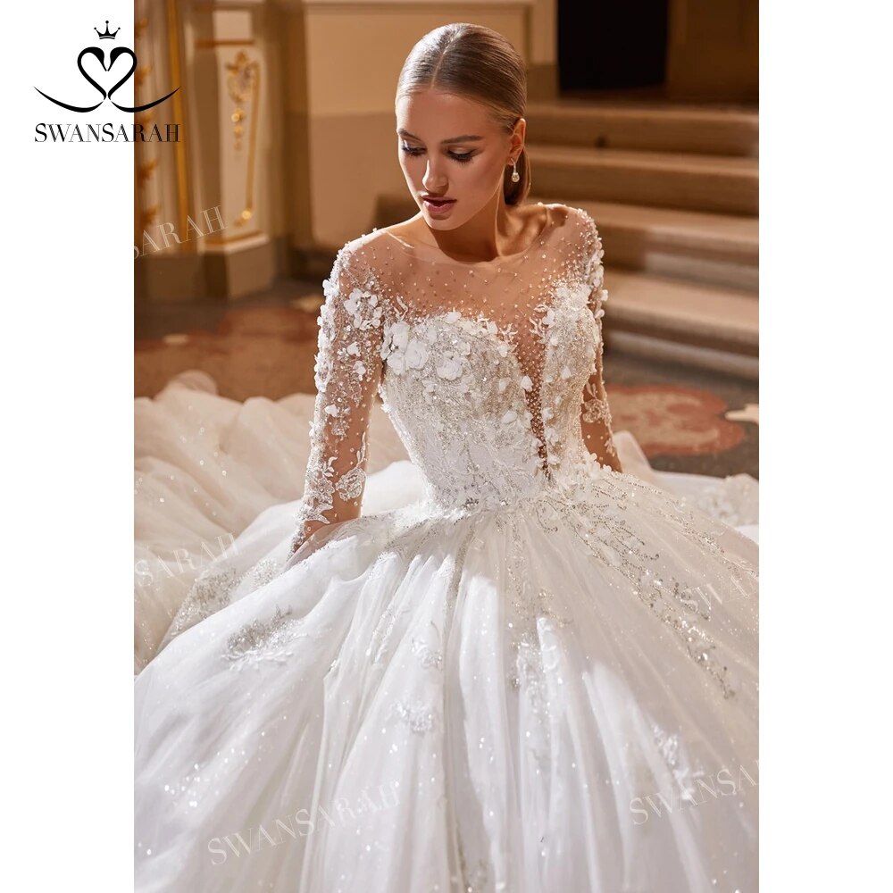 Abito da Sposa di Lusso 2023 con Perline, Maniche Lunghe, Pizzo e Appliques, Stile Principessa