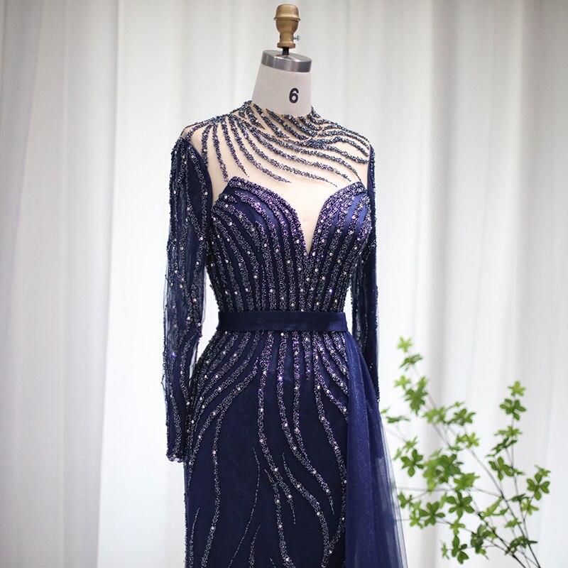 Abito da Sera di Lusso Blu Navy a Sirena con Gonna Staccabile: Eleganza Araba a Maniche Lunghe per Matrimoni e Eventi Speciali