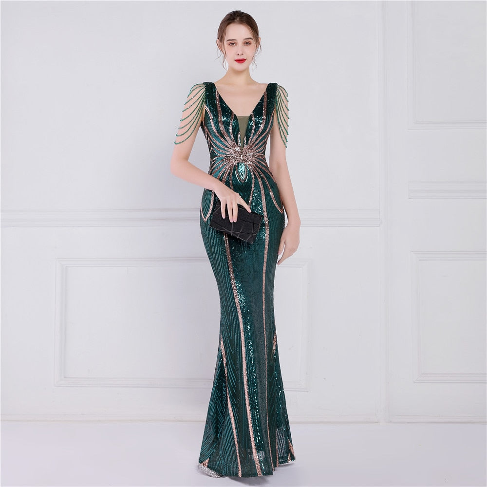 Abito da sera lungo da damigella d'onore con paillettes verde 2023 Abito da cerimonia con perline di lusso Abito da sera elegante da donna Abito lungo da donna chic - Bridetobe.it