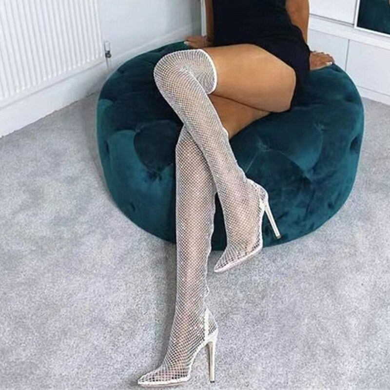 Stivali con strass moda Scarpe a rete da donna Décolleté Tacchi alti Calzini Stivali sopra il ginocchio Scarpe da festa sexy con punta a punta - Bridetobe.it