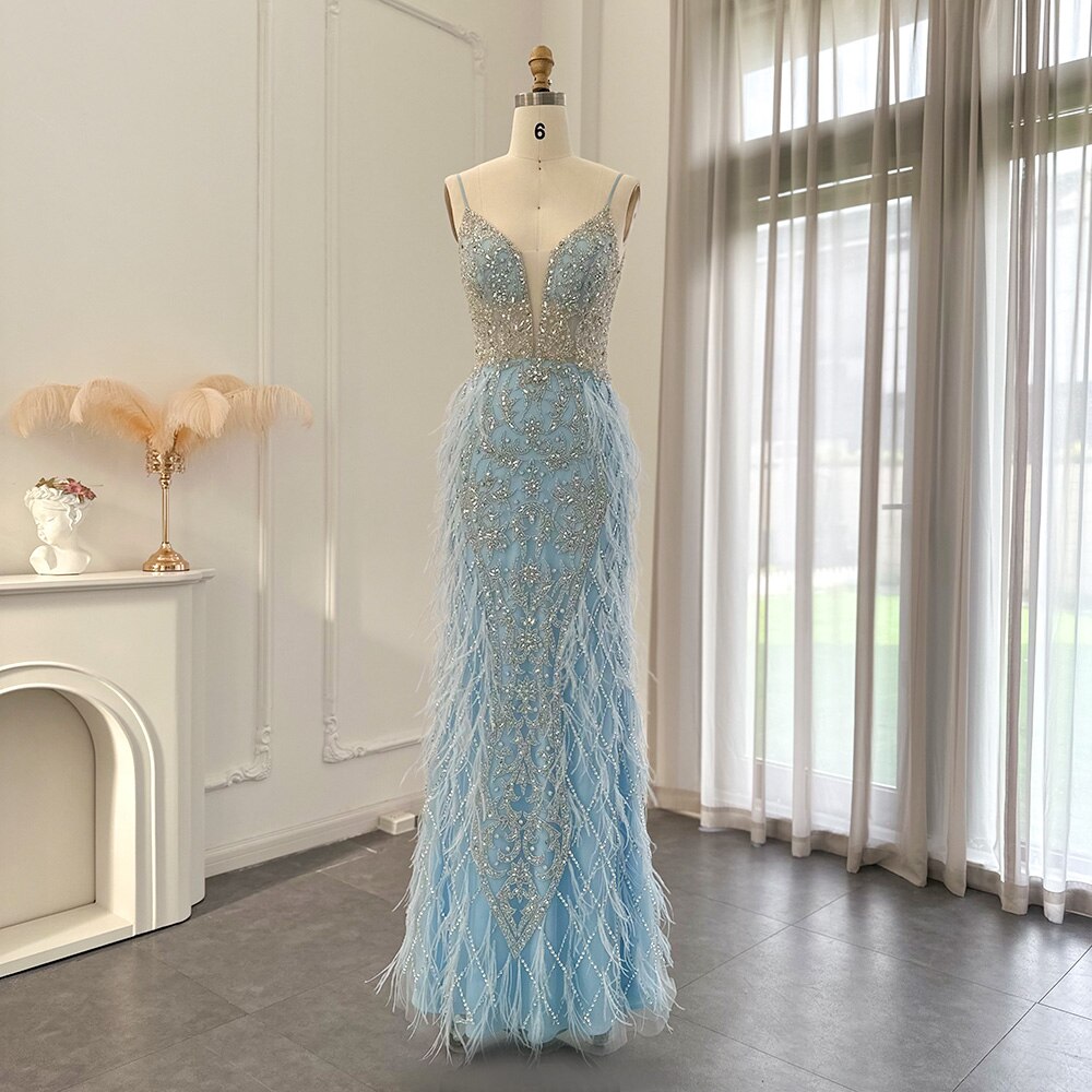 Luxury Champagne Feather Mermaid Evening Dress for Wedding 2023 - Spaghetti Strap Formal Prom Dress for Women