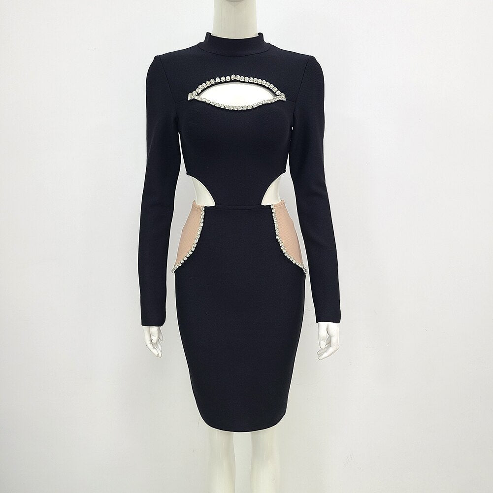 Women's Black Mesh Long Sleeve Keyhole Back Bodycon Party Dress, Beade –  Bridetobe.it